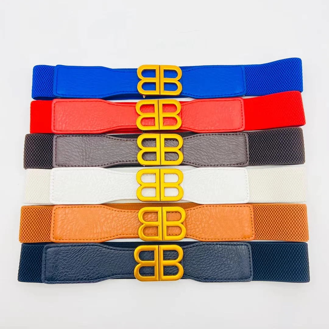 New Designs BB Logo Buckle Elastic Waistband Pu Leather Belt Thin 3 cm Elastic Belt