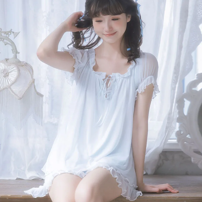 Summer Girls Two Pieces Short Sleeve Pajamas With Slash Neck Bow Solid Women Homewear Of Thin Soft Elastic Loose Home Clothing