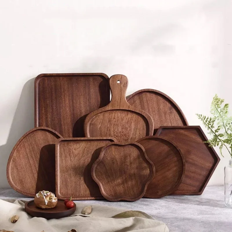 Nordic wood utensils tableware ebony wood tray cake snack plate irregular wood service tray