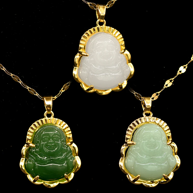 Lucky Green Jade Pendant With 18k Gold Chain Necklace Amulet Jewelry Gift For Women Men Unisex Laughing Buddha Necklace