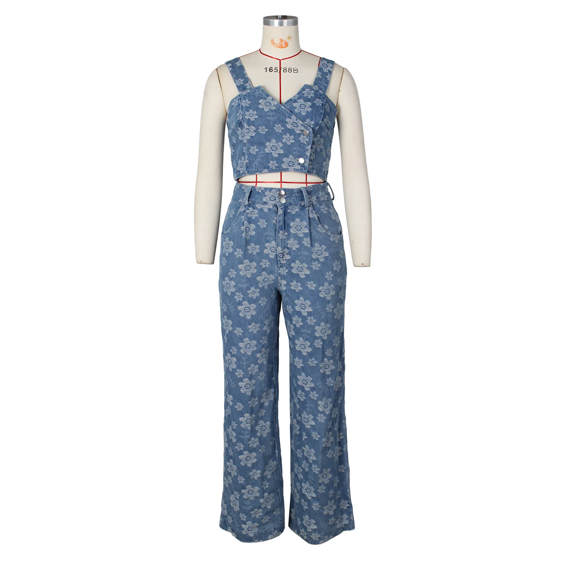 2024 Jacquard Floral Two Piece Sets Women Denim Outfits Fashion Strap Wrap Crop Top And High Waist Wide Leg Jeans Club