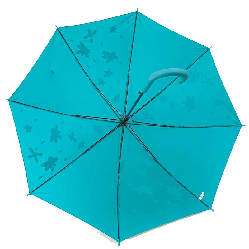 Lake Blue Butterfly Change Color Customized Logo Print Semi-automatic Windproof Straight Umbrella With Matching Color J Handle