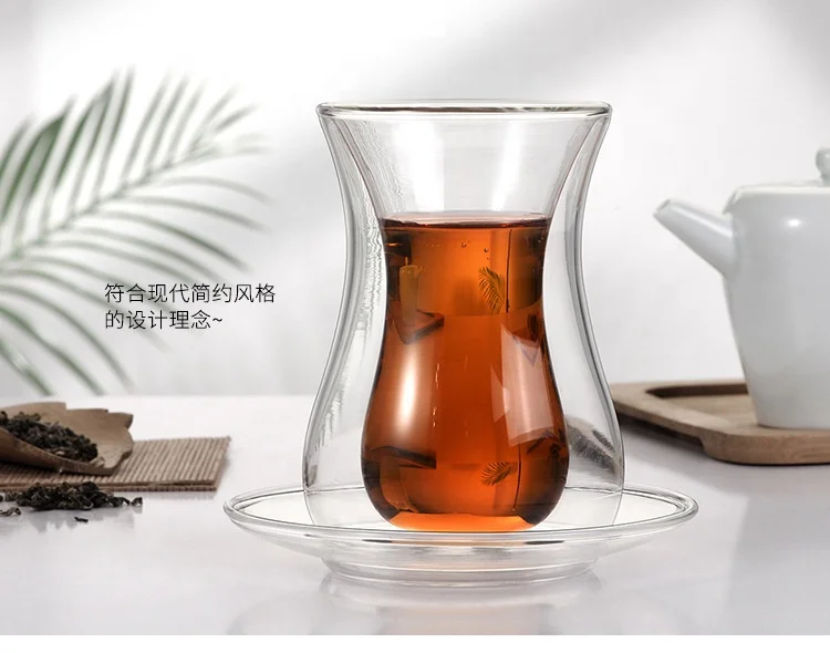 Saucer with glass spoon coffee cup set insulated double tumbler clear small Turkish teacup for home use