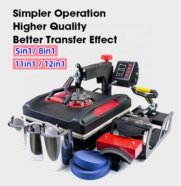 Heat Press Machine Upgraded Heat Transfer Machine T-shirt Mug Hat Sublimation Printing Machine Iron Multifunctional 8 in 1 Black