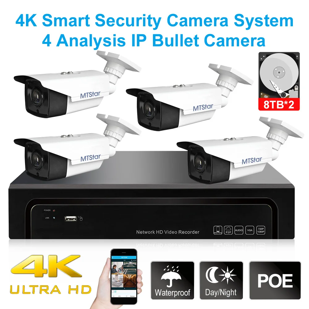  4k 16-канальная IP-система видеонаблюдения 4 Наружные камеры 8 Мп с 16-канальным видеорегистратором МП Поддержка жесткого диска до 16