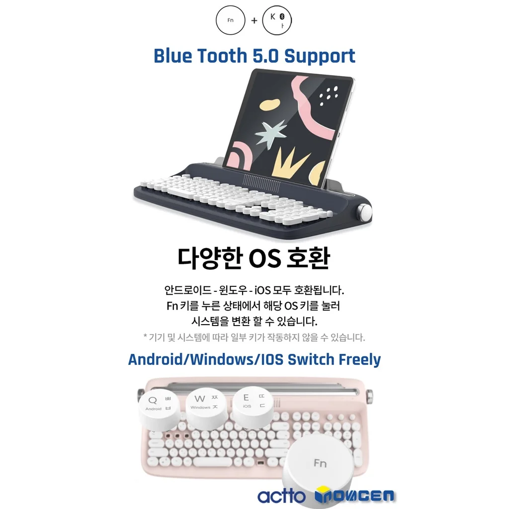 ACTTO B503 106 keys Wireless Keyboard,Android/Windows/IOS Support,Retro BT 5.0 Keyboard with Integrated Stand