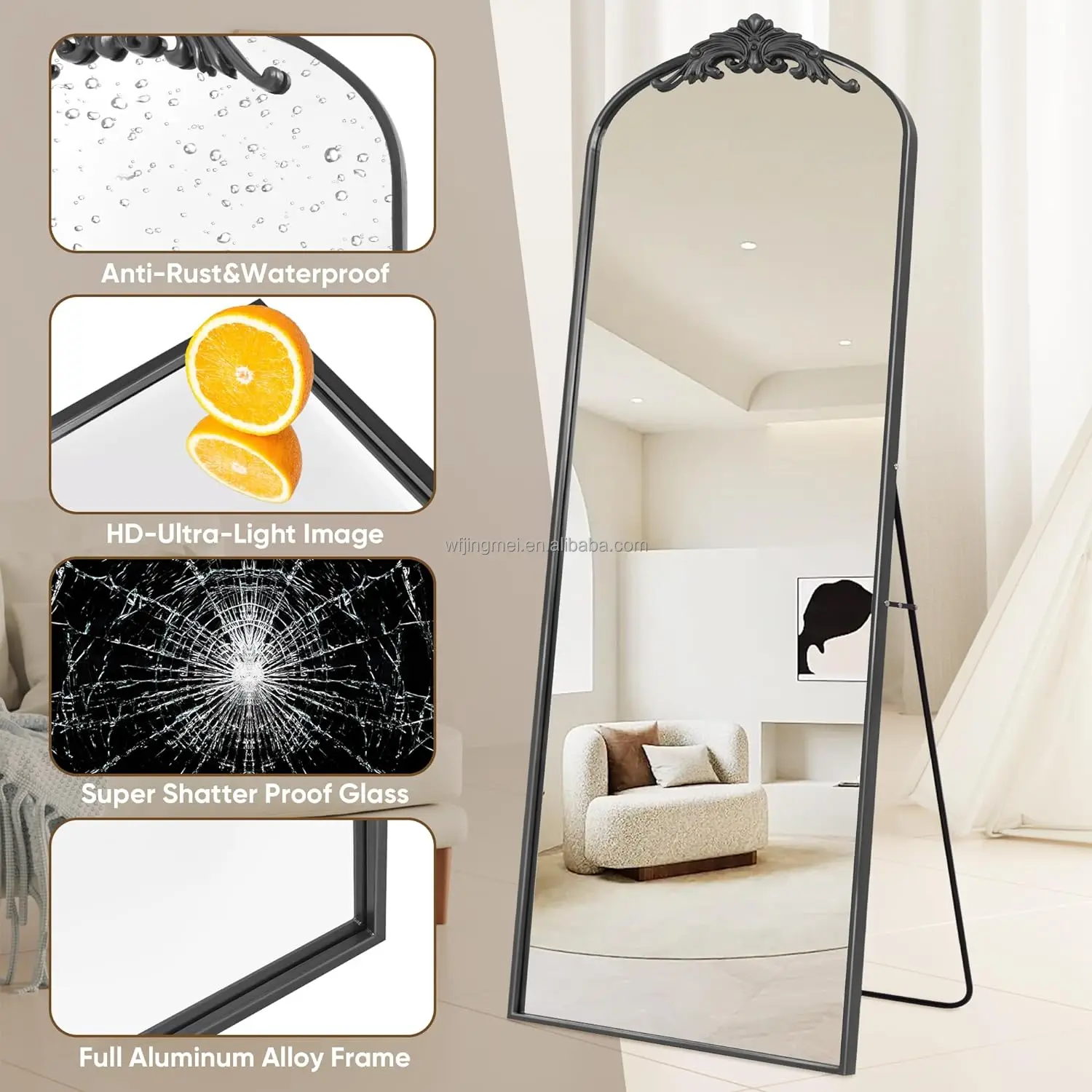 Arched Full Length Mirror,  Floor Mirror Freestanding with Carved Metal Frame, Traditional Vintage Ornate Baroque Mirror