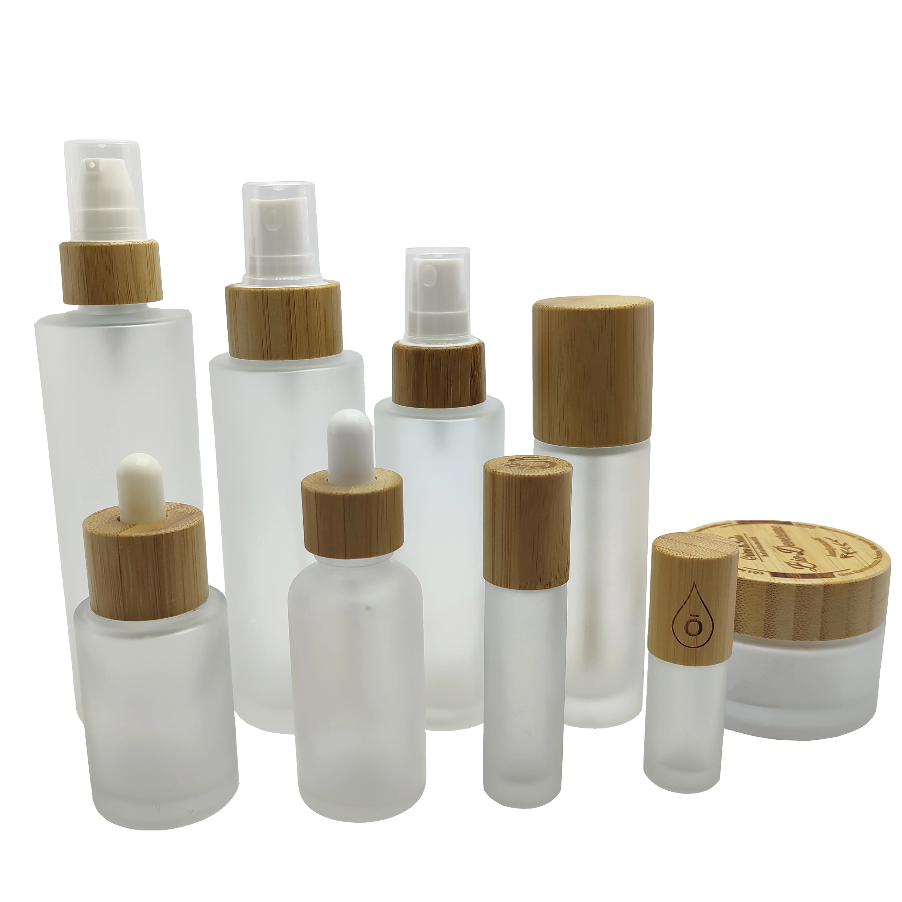 bamboo cosmetic packaging set frosted glass bottle cream jars empty container for essential oil lotion liquid  LB040E