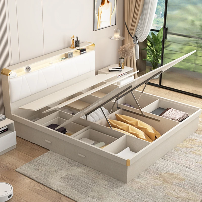 Full Furnished Bed Room White Standard Queen Double Platform Stylish Leather Functional Beauty Bed Frame