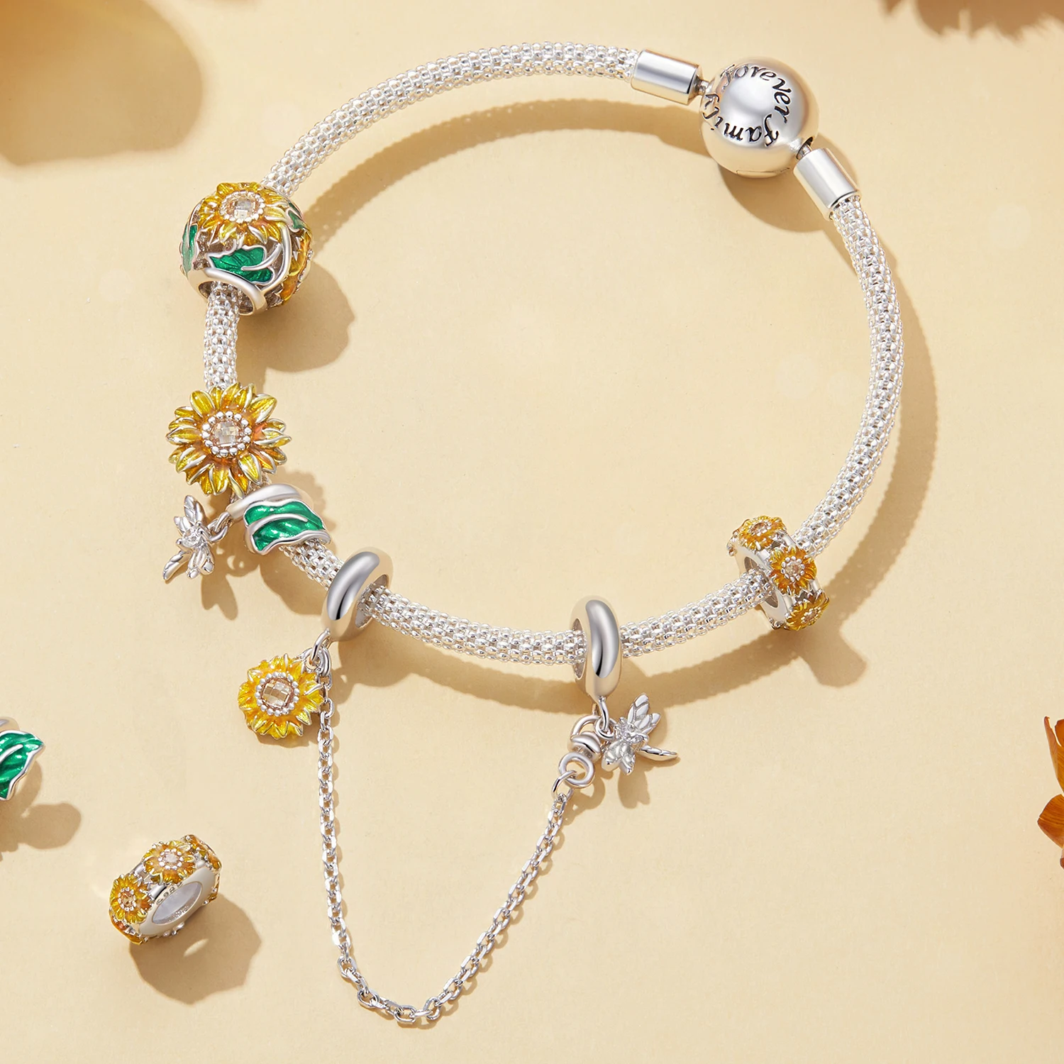 Factory Wholesale 925 Sterling Silver Enamel Sunflower Beads Dragonfly Silica Gel Safety Chain for Women Bracelet DIY
