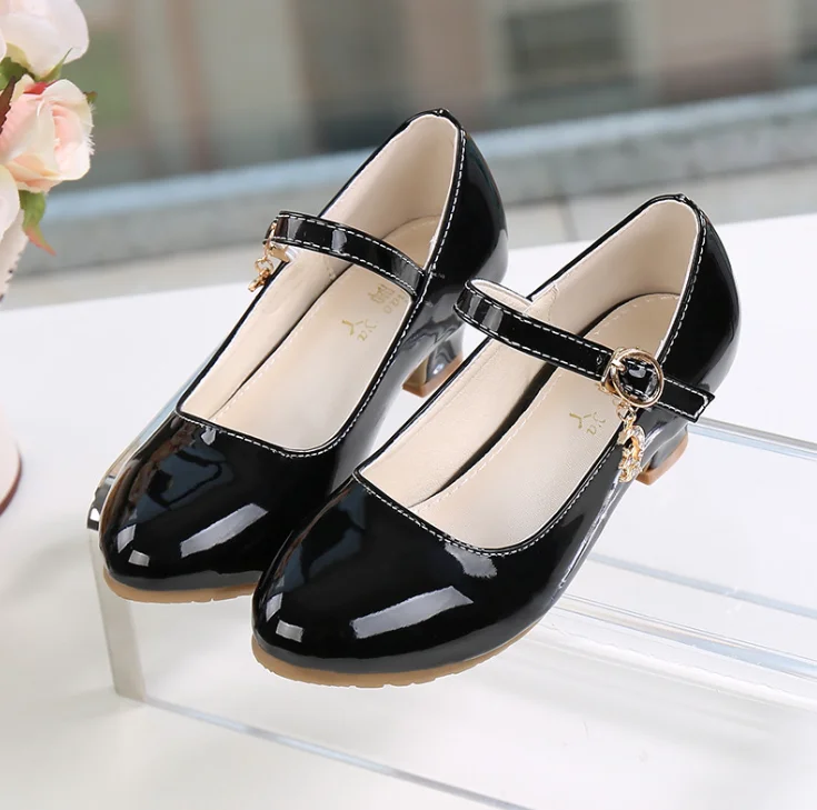 2024 Spring and autumn high heel Children princess leather shoes PU 3CM heel casual black red girls fashion Wedding Party shoes