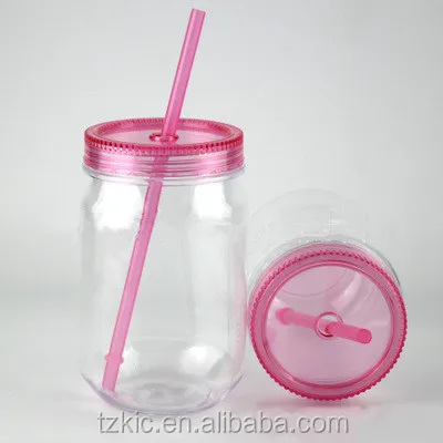 Plastic To Go Mason Jar with Lid and Straw Perfect as Party Cups, Kids Travel Cups
