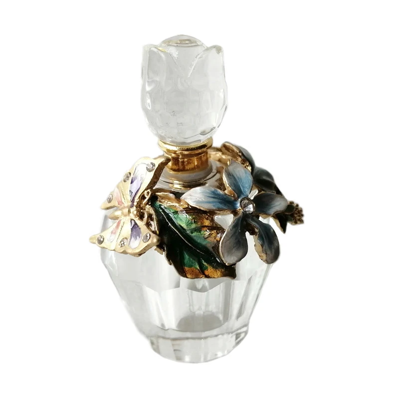 Vintage Crystal Perfume Bottle With Hand Enameled And Jeweled Flower Leaves Zinc Alloy Branch Collar