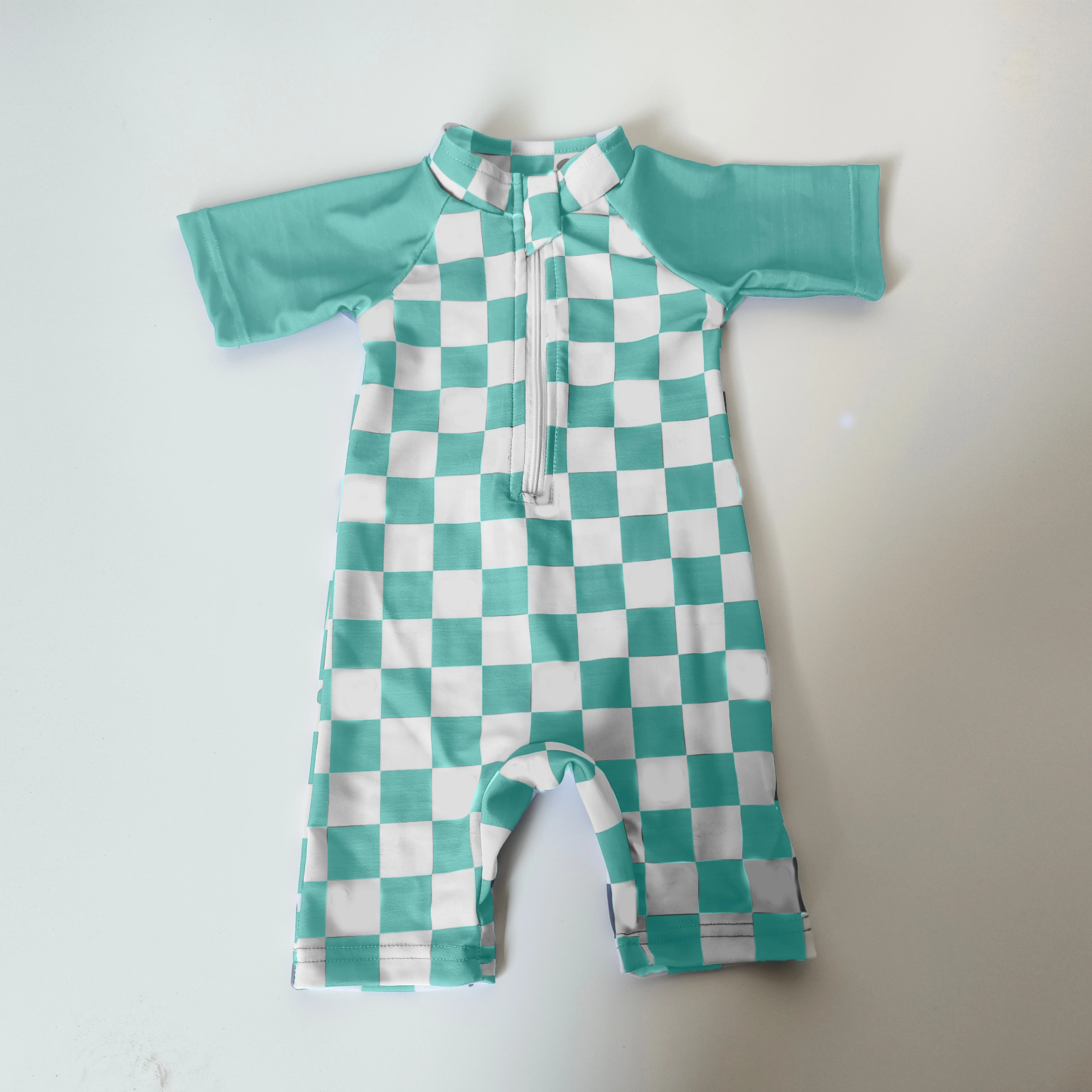 OEM Unisex Baby Summer Swim Wear One-Piece Short Sleeve Romper with Solid Color & Checkerboard Print Quick Dry Feature