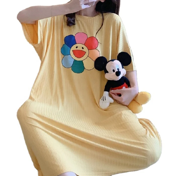 
ladies summer loose women pajamas sleepwear lovely cartoon Cotton printed Home Serviceshort Sleeve women milk Silk nightgown 