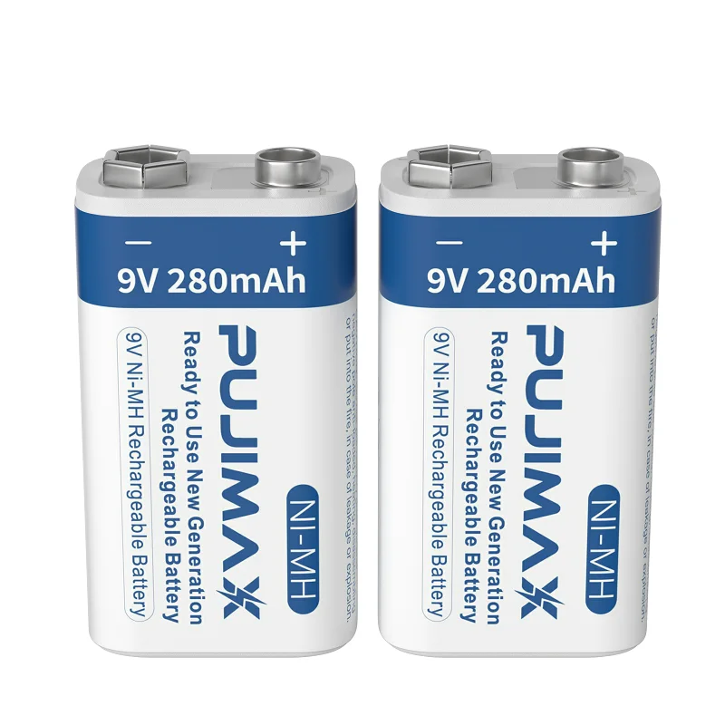 PUJIMAX 2pcs 9v rechargeable battery 6f22 microphone nimh 9v battery pack 280mah ni-mh rechargeable 9v battery for Multimeter