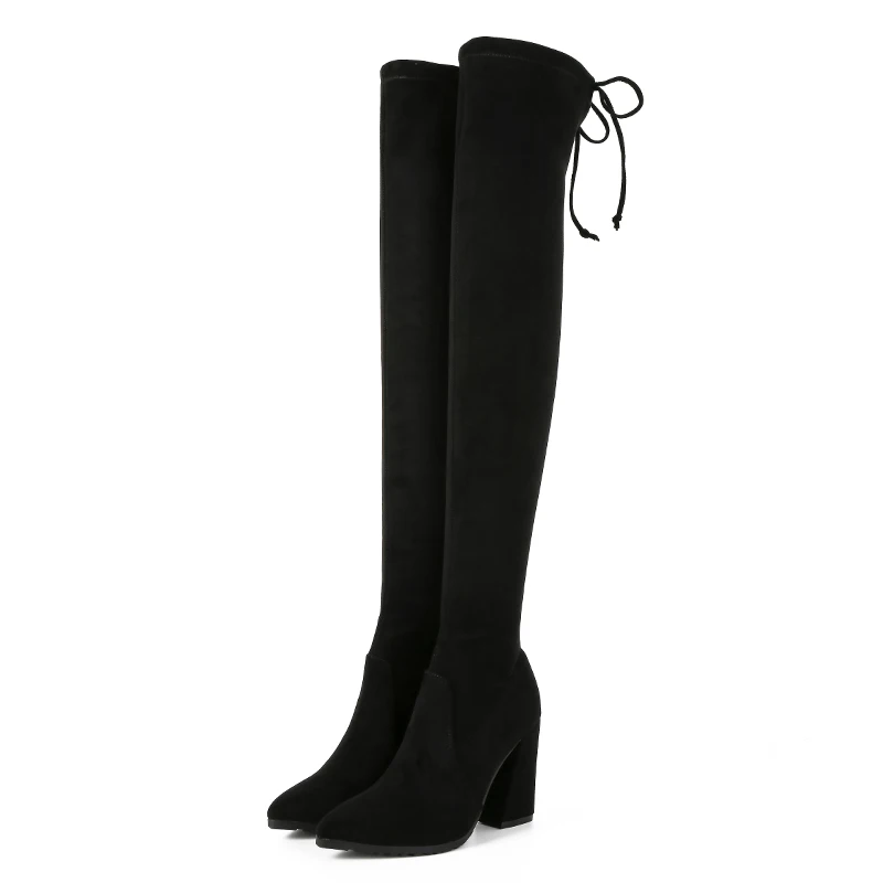 Офисные модные облегающие Женские замшевые сапоги на высоком толстом каблуке с острым носком и шнуровкой сзади