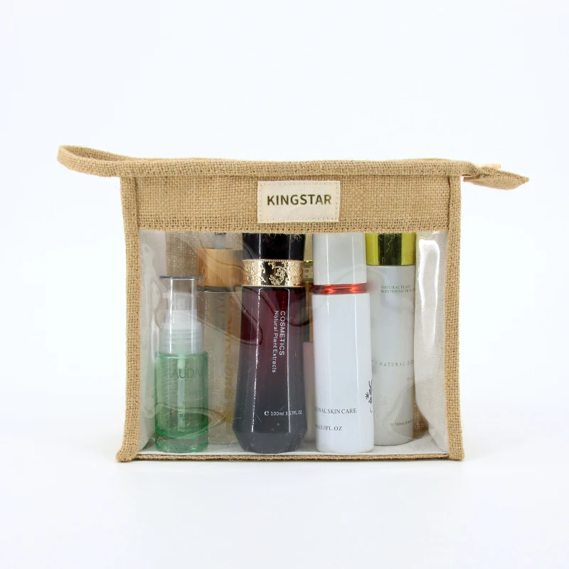 Organic jute Cotton Zipper Clear Makeup Bags with Zipper Small Toiletry Multi Purpose Travel Makeup Organizer for Women