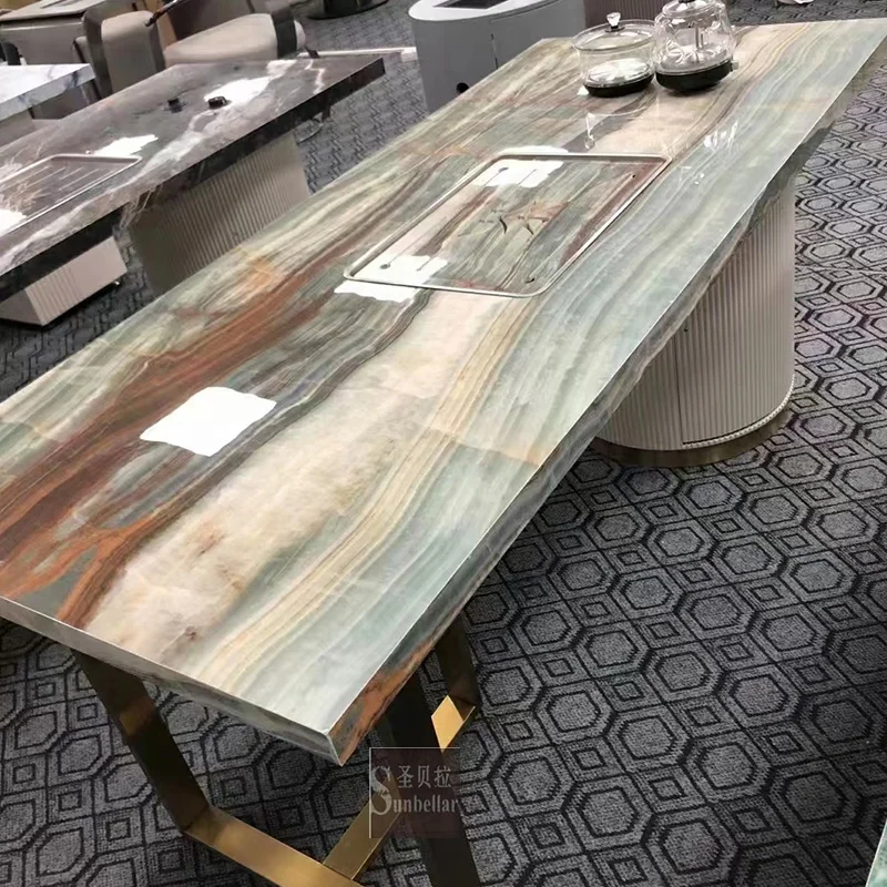 Factory supply luxury modern coffee table marble top gold stainless steel living room Chinese tea table with kung fu tea pot