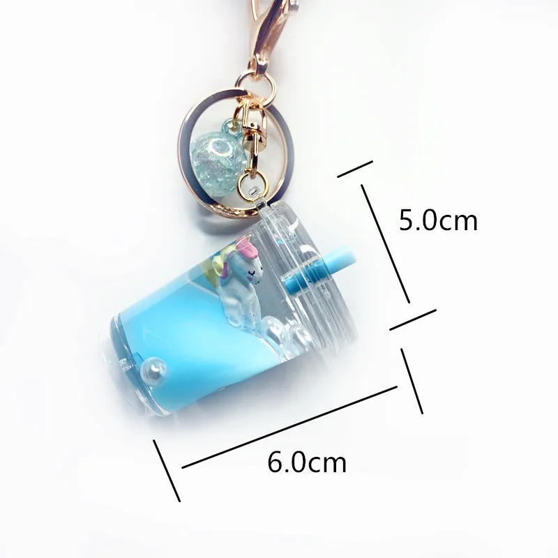 3D Cute Cartoon Unicorn Keychain Boba Milk Tea Floating Liquid Sequin Key Chain Car Charm Keyring Bag Pendant For Women Men Kids