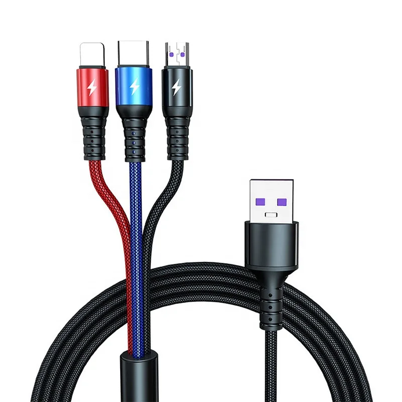 100cm One drag three 5A Super Fast Charging Mobile Phones Micro Data Wire 3 in 1 Type C Data Cables Usb Kabel For Iphone Tablet