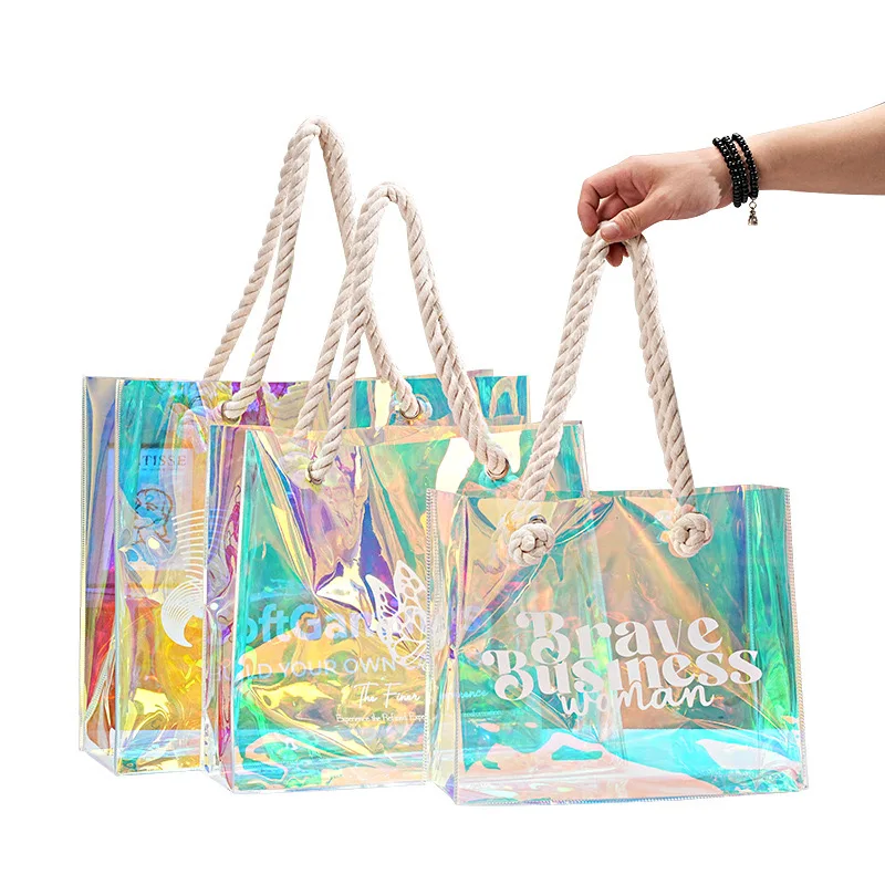 Custom Printed Logo Clear PVC Laser Tote Holographic Bag, Luxury Hologram Handle Bag Waterproof Pvc Iridescent Tote Shopping Bag