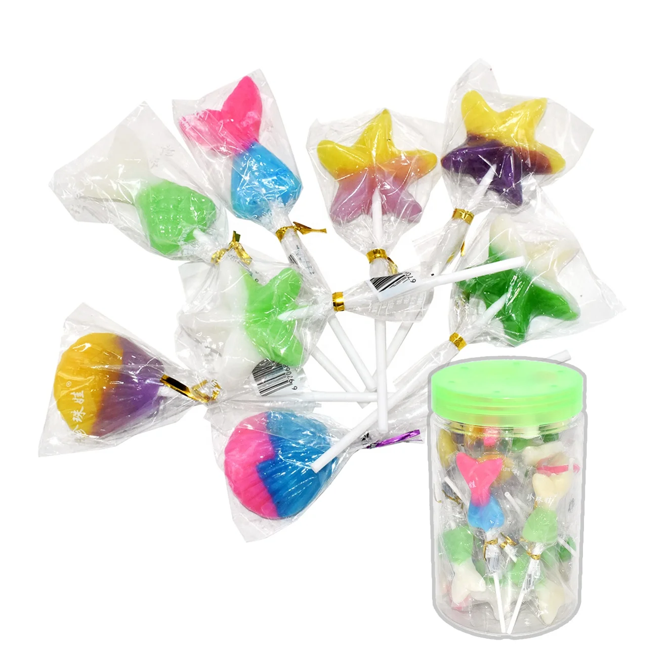 OEM candy maker cartoon marine animal long stick handle supplier two color details high quality hard candy lollipop