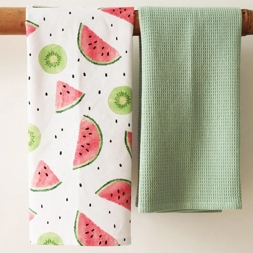 100% Cotton kitchen towel set,Wholesale Household 2pcs Set Mixed Printed dish cloth, fruit design tea towel set,