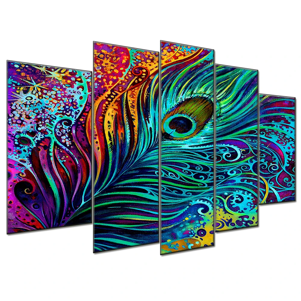 5 panels peacock tail canvas painting for home decoration