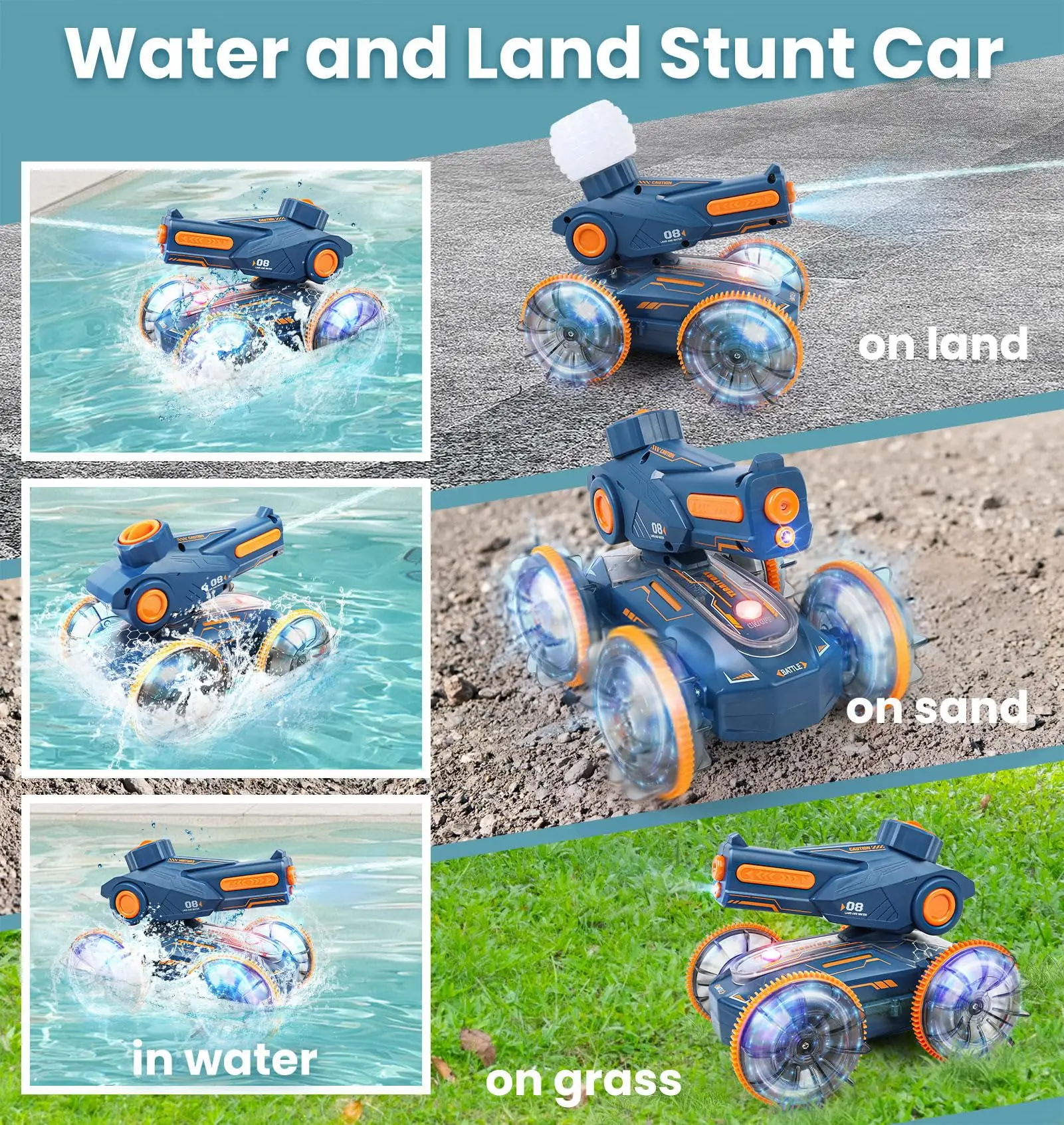2024 Innovative Trends 2.4GHz 4WD Dual Control 3in1Amphibious Remote Control Car Tank Toy Water Squirt RC Stunt Car With Lights