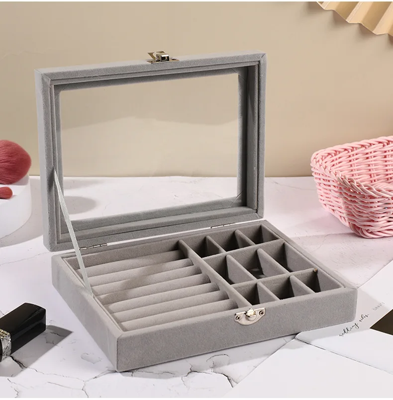 Large Capacity Pink Tray Transparent Showcase Ring Luxury Display Velvet jewelry Storage Box jewelry Organizer