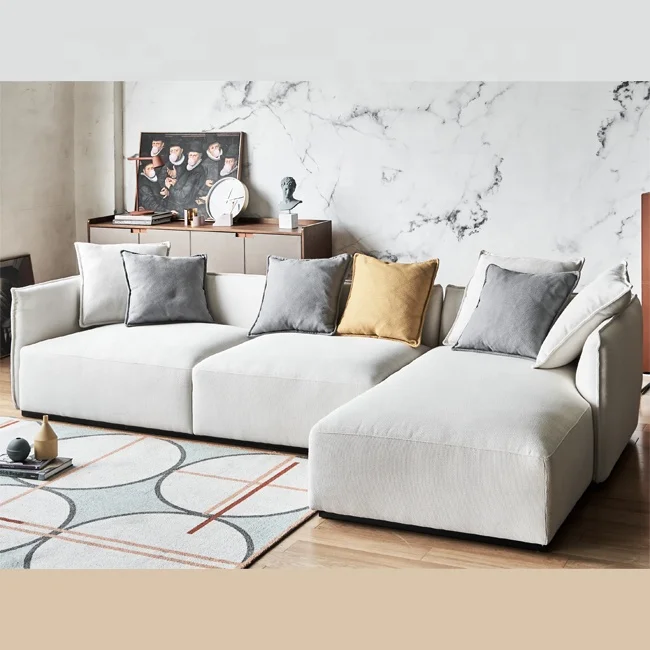 hot sale apartment living room furniture white linen fabric L shaped sofa set