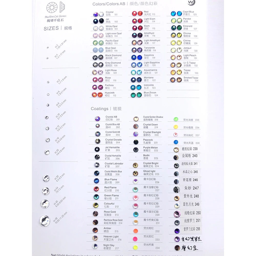 Wholesale cheap price flat back bulk hot fix pack glass rhinestone color chart