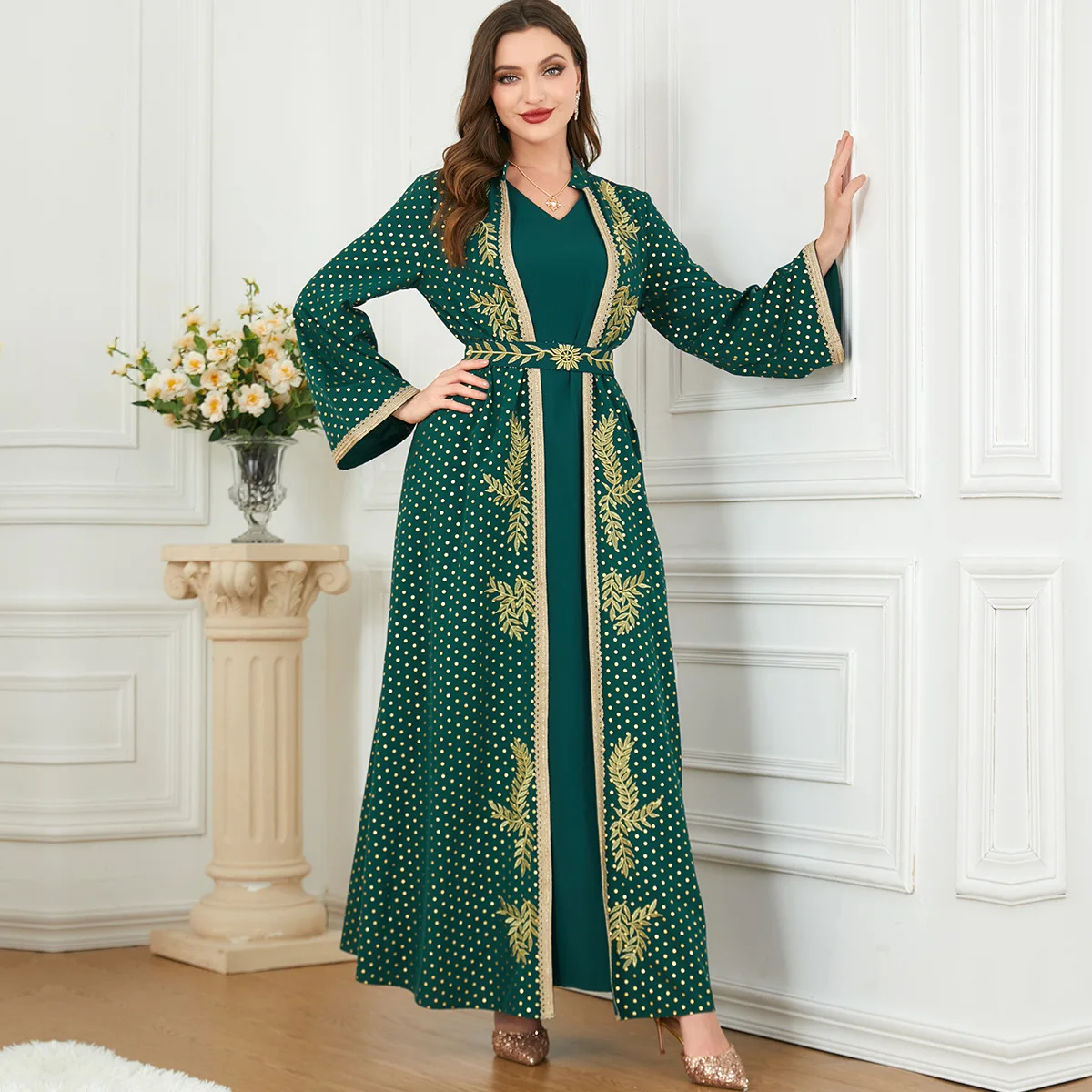 2 piece Green caftan marocain women abaya Muslim dresses wholesale morocco kaftans wholesale India Abaya Sets dress