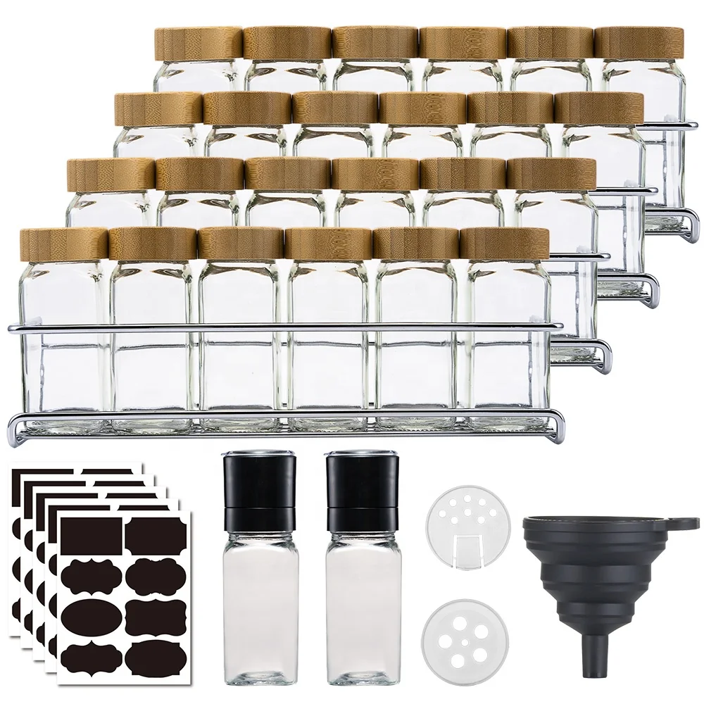 Kitchen Organizer Storage Set with 24pcs 120ml Square Glass Spice Jars 24 Bamboo Lids & Labels for Seasoning Salt & Home Use