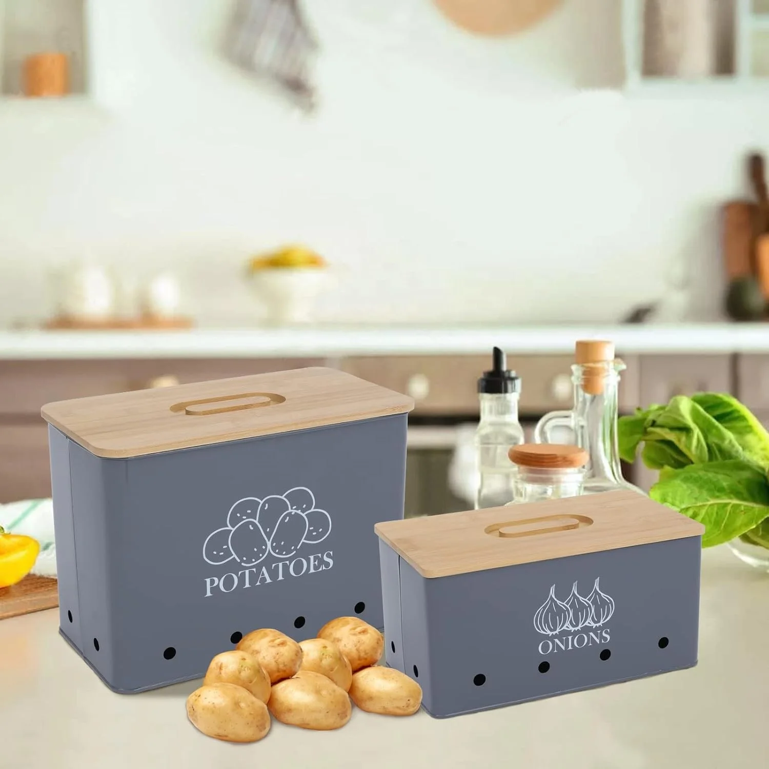 Set of 2 Stacking Kitchen Vegetable Fruits Storage Boxes for Potato Onion  Garlic with Bamboo Lid