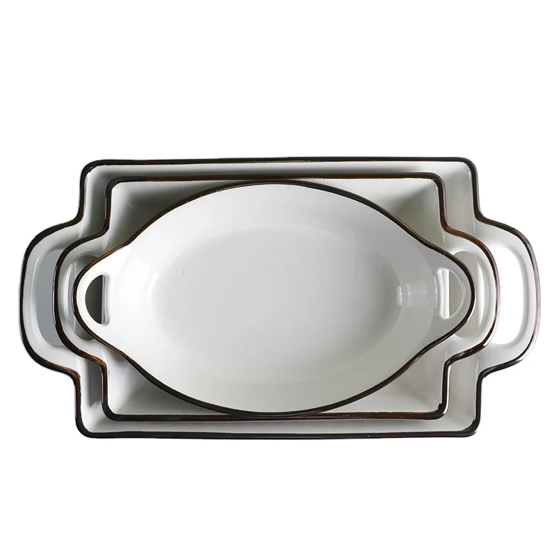 3-Piece Stock Baking Dishes Rectangular Oval Baking Set Ceramic Bakeware Baking Dishes & Pans
