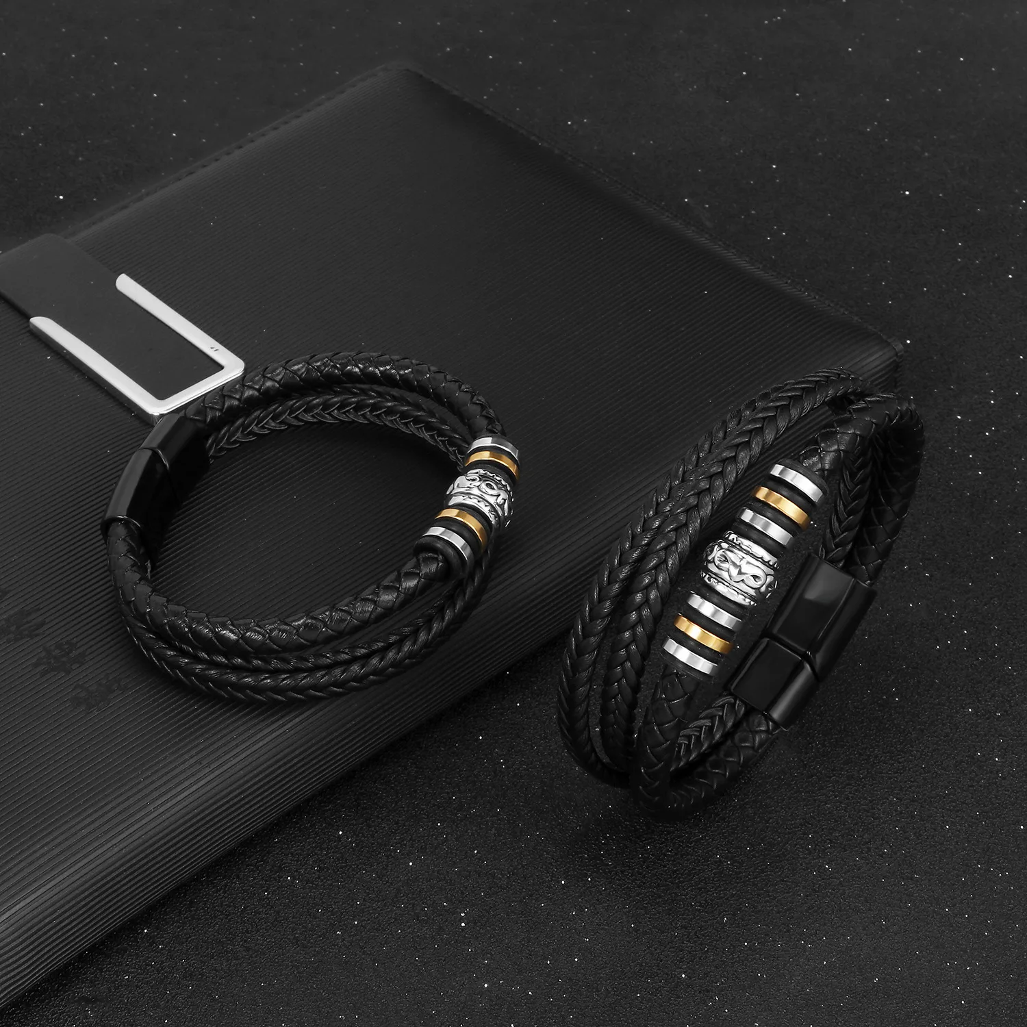 Top Selling Stainless Steel Multi Layers Leather Bracelet Titanium Steel Magnetic Clasp Black Leather Bracelet for Men