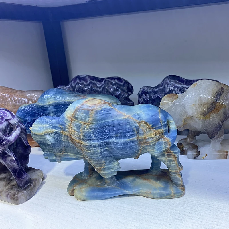 High Quality crystal buffalo hand carved Natural sodalite stone yak Carving Craft for decoration