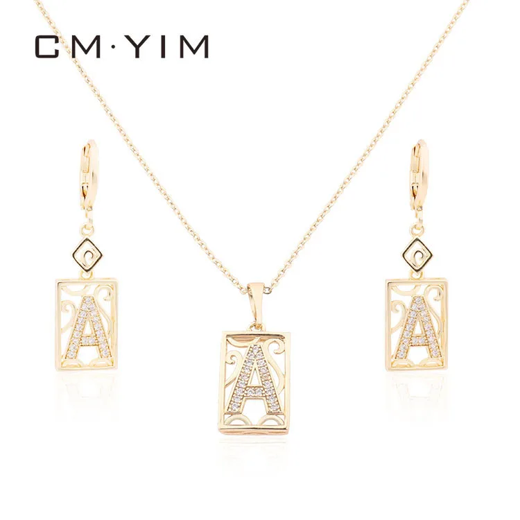 CM YIM Jewelry Fashion Jewelry Hollow Out Design Gold-plated Letter Zircon Earrings Necklace Jewelry Sets 18k Gold Plated