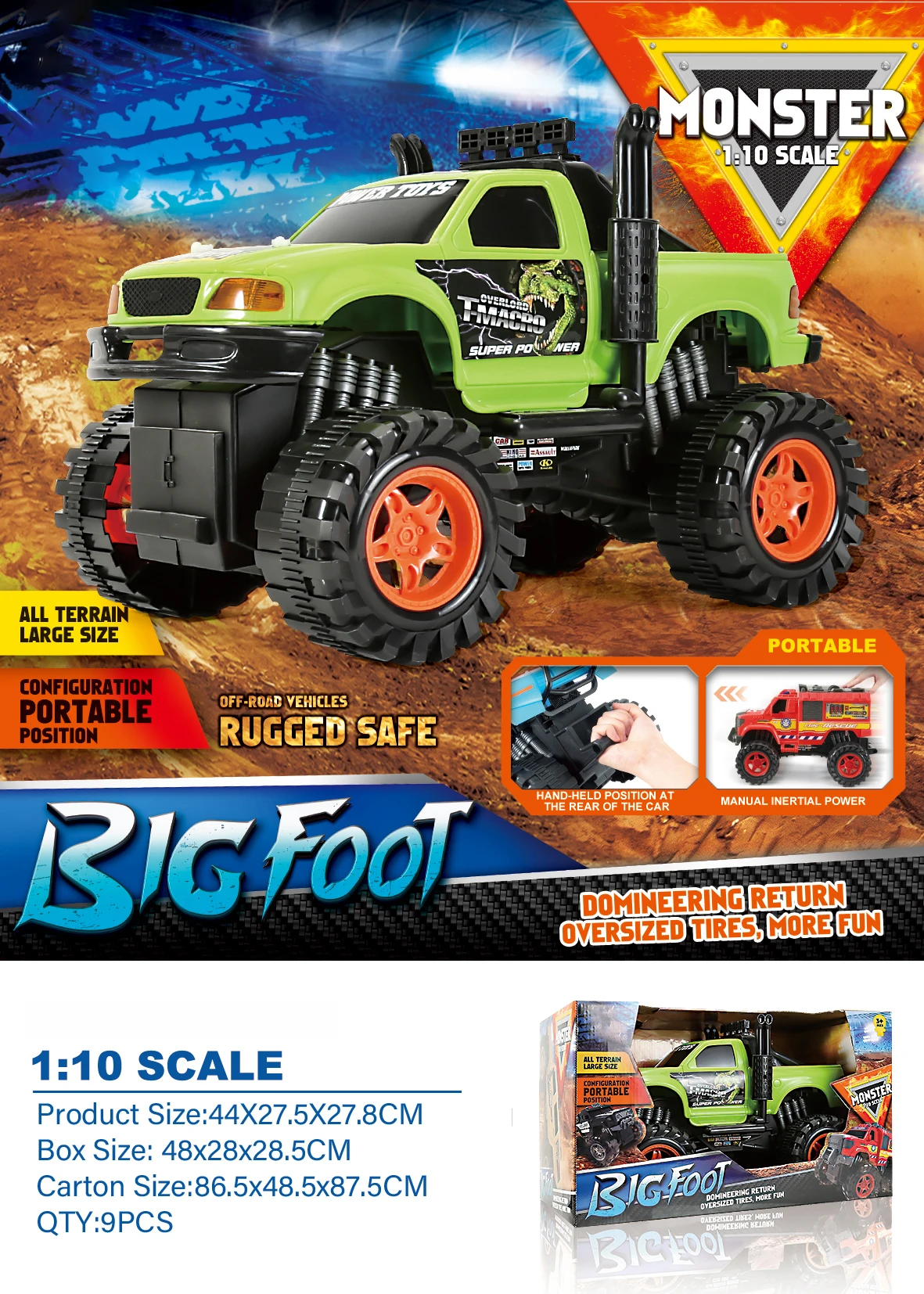 3+age 1:10 scale portable big size monster off road truck with powerful over sized tired for CHILDREN