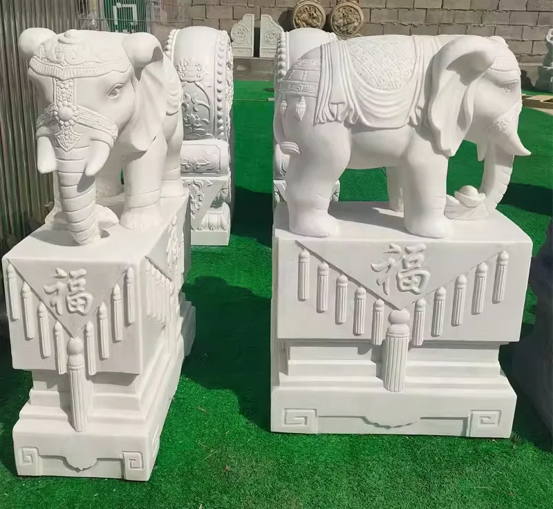 Hot Selling Modern Design Outdoor Stone Carving Decoration Human-Sized Marble Elephant Statue for Park Courtyard Decor