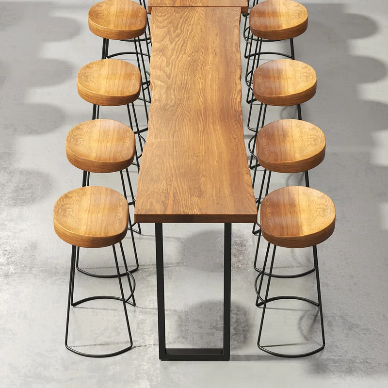 Hot selling commercial used restaurant furniture wooden chair metal leg high bar chair with wavy edge table