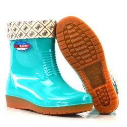 20cm Womens   Mid Calf Rain Boots Waterproof Wellington Shoes Winter Ladies Wellies Boots Garden Shoes Removable Inner Linings