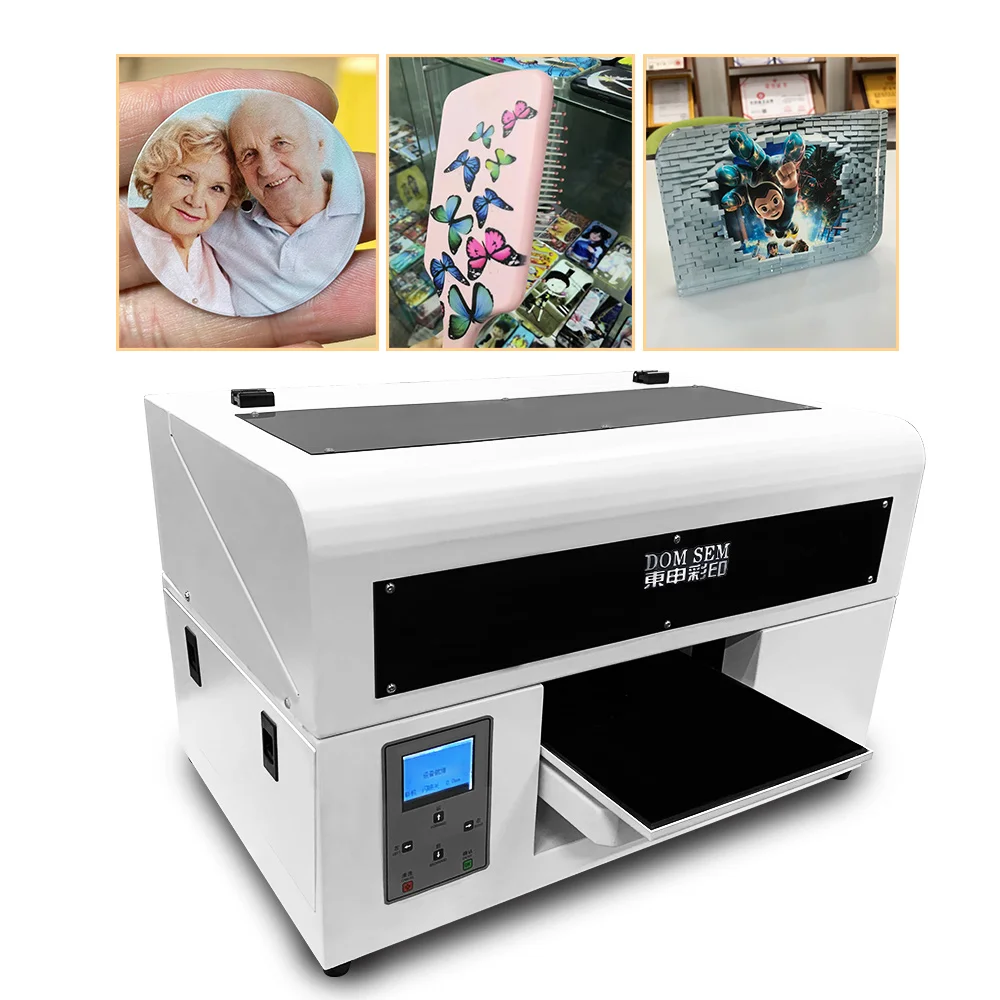 DOMSEM A4 Uv Flatbed Inkjet Printer cmyk+w Mobile Phone Case cover Glass pen Multifunctional Digital Uv Printer Printing Machine