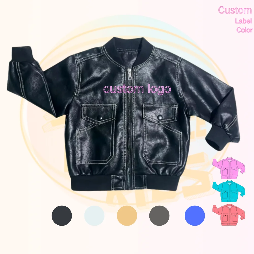2024 New Design Customize Kids Boys Leather Jackets With Pocket For Cool Boy Casual Style Autumn Coat Clothes