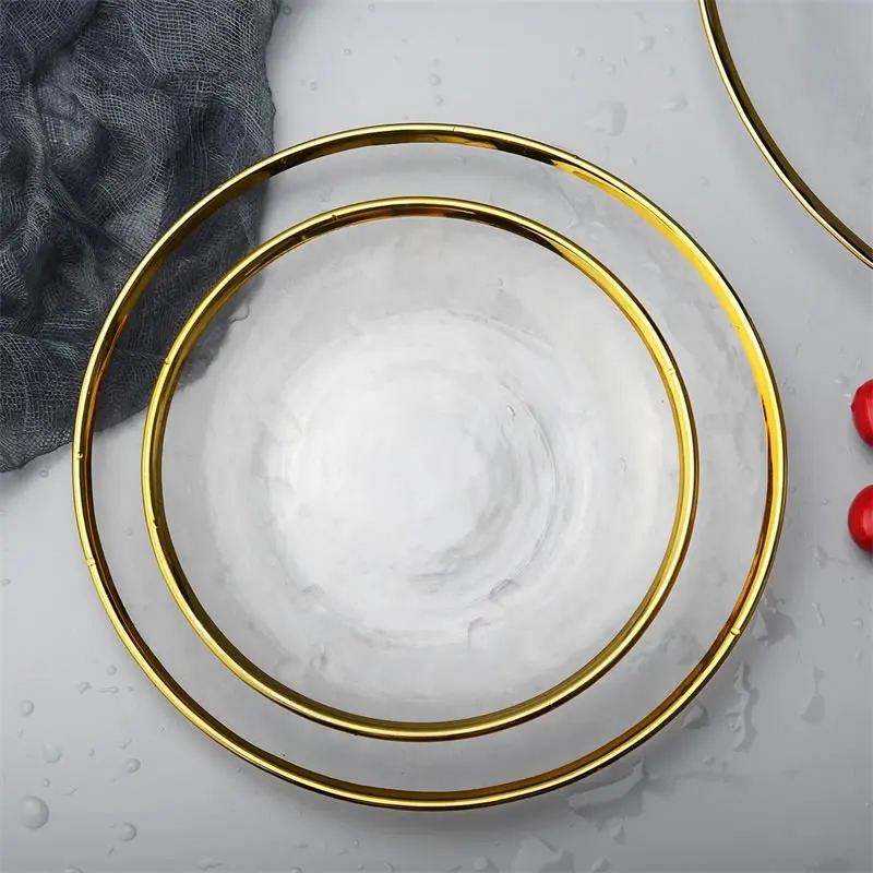 Durable Dinner Plate Glass Dinnerware Set With Fashion Gold Charger Platter Glass Dishes for Party