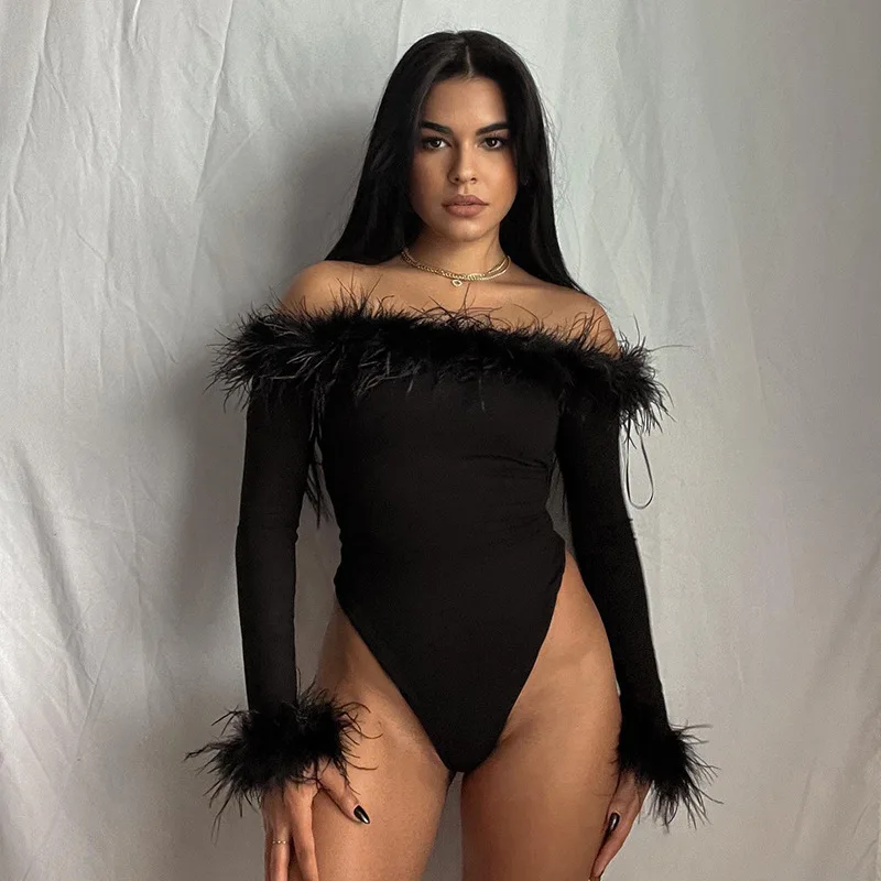 Sexy Ladies Off The Shoulder Feather Bodysuit Womens Catsuit Bodysuit Black Collarless Bodycon