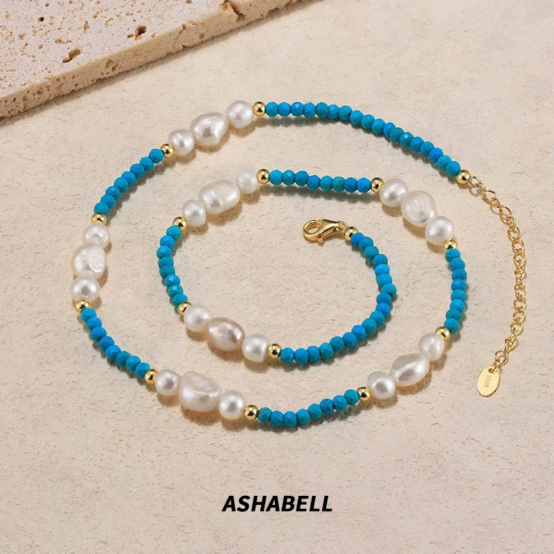 Elegant Vintage Natural Stone Freshwater Pearl Turquoise Necklace for Women