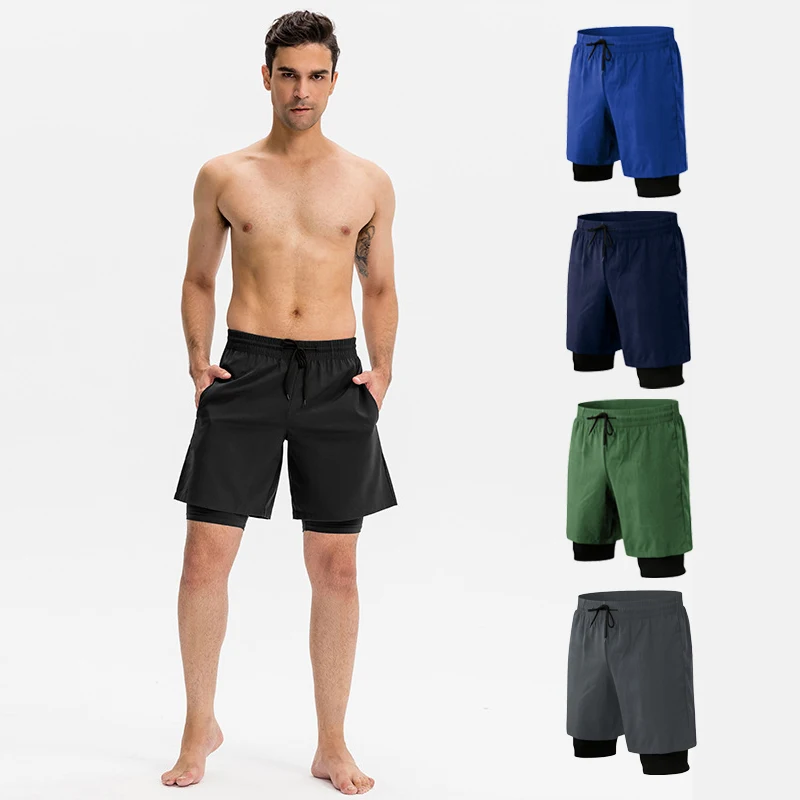 Wholesale Custom Elastic Waist Athletic Shorts Men's Running Shorts Workout Fitness Gym Shorts with Compression Soft 2 in 1
